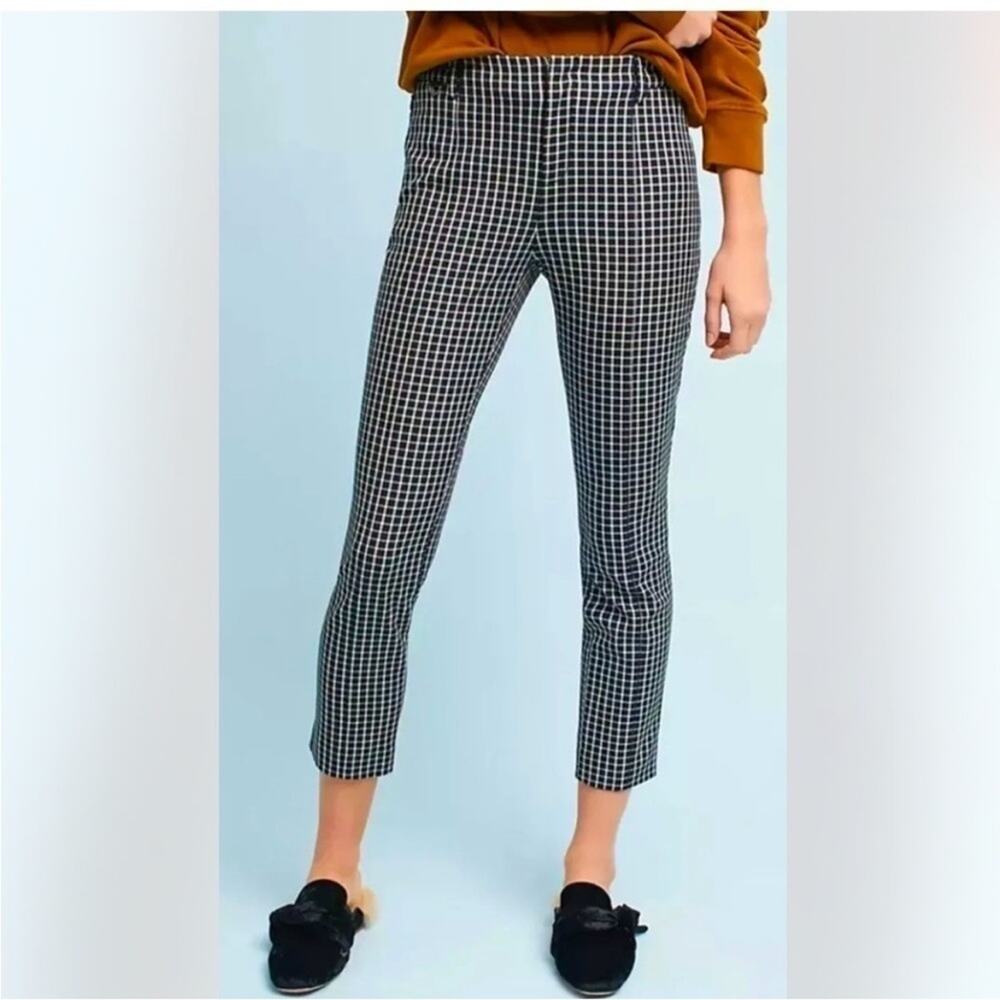 Anthropologie Essential Slim Checker Cropped Ankle Trousers Size 8 Black White